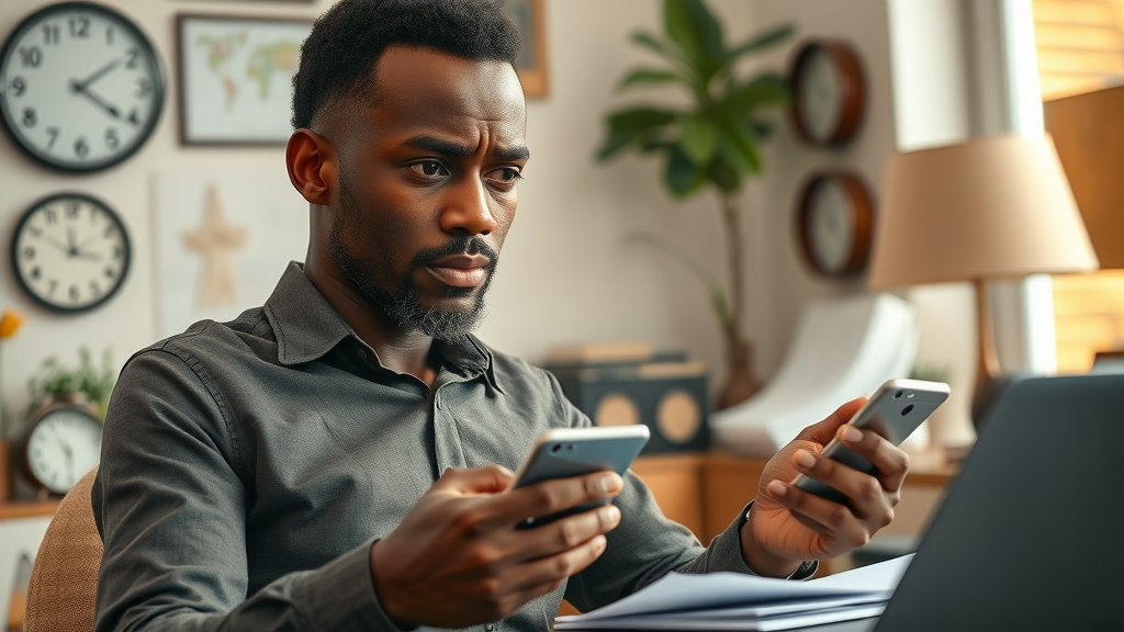 African entrepreneur managing international business time zones digital schedules entrepreneurship