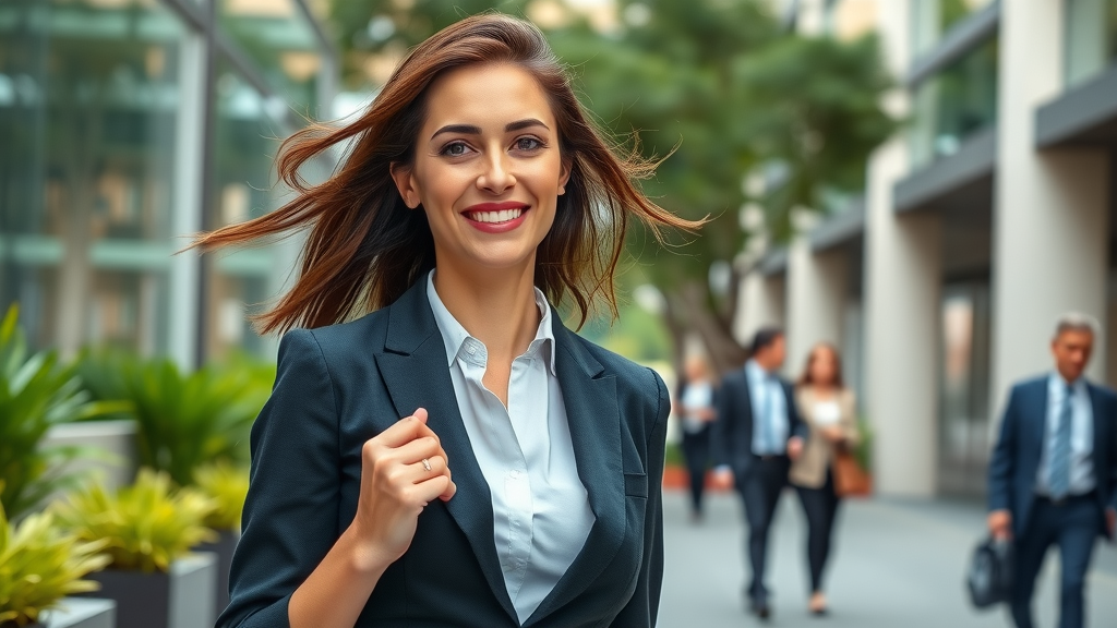 Confident professional woman demonstrating work-life balance for women in a modern cityscape with greenery