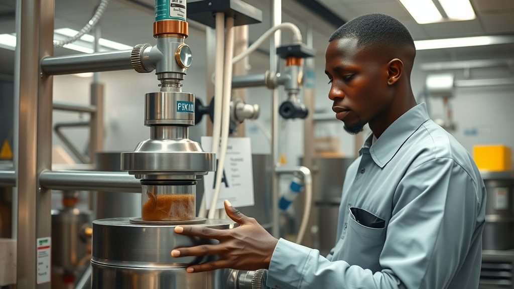 Technician demonstrating essential oil extraction process at modern Ugandan facility