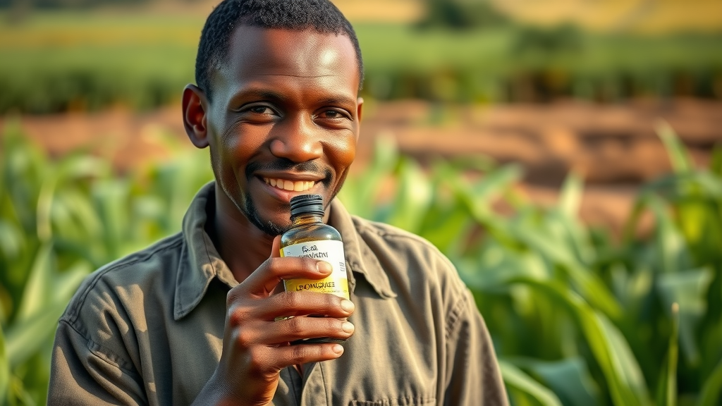 Confident Ugandan farmer holding lemongrass essential oil symbolizing success in agriculture transformation Uganda