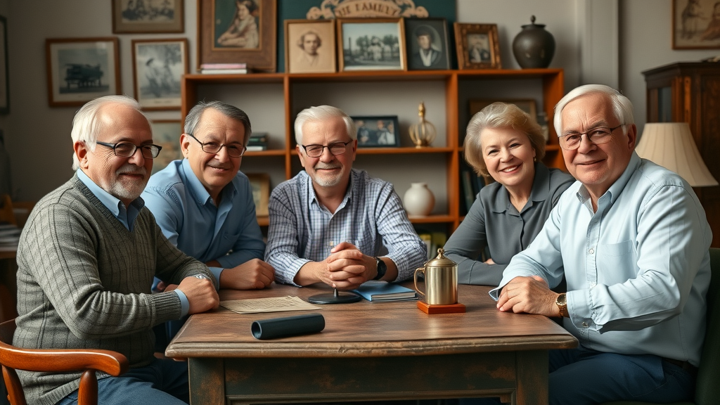 family business values generational wisdom for business growth - Multi-generational family business owners mentoring around a vintage table
