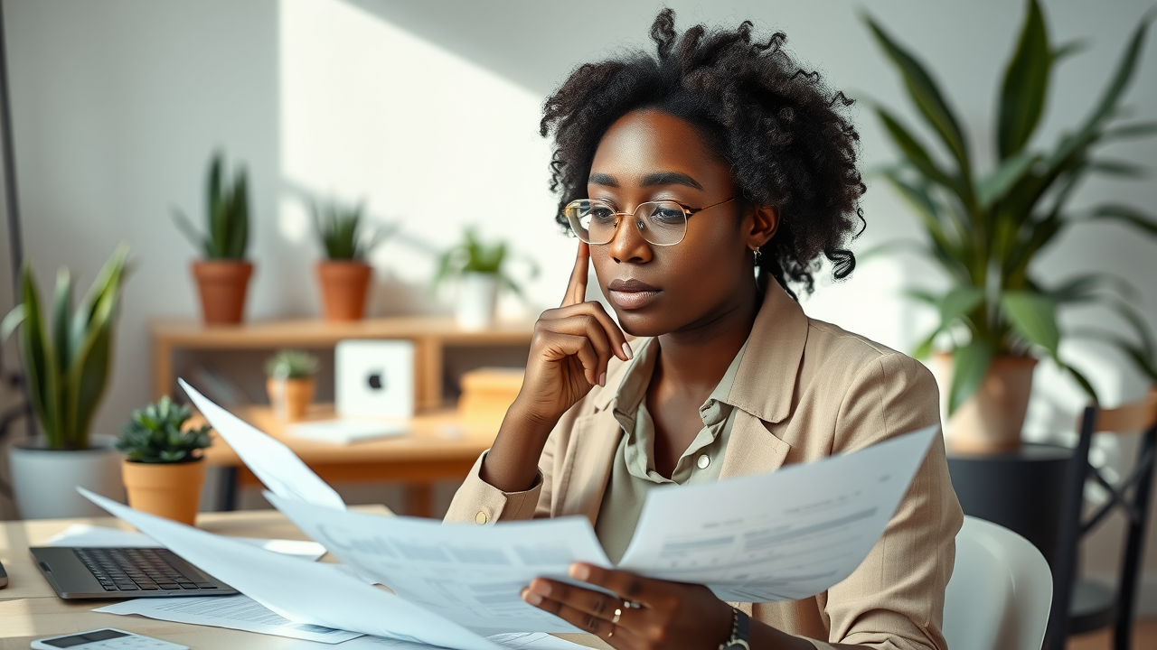Entrepreneur thoughtfully planning finances and debt management using spreadsheets in a coworking space environment