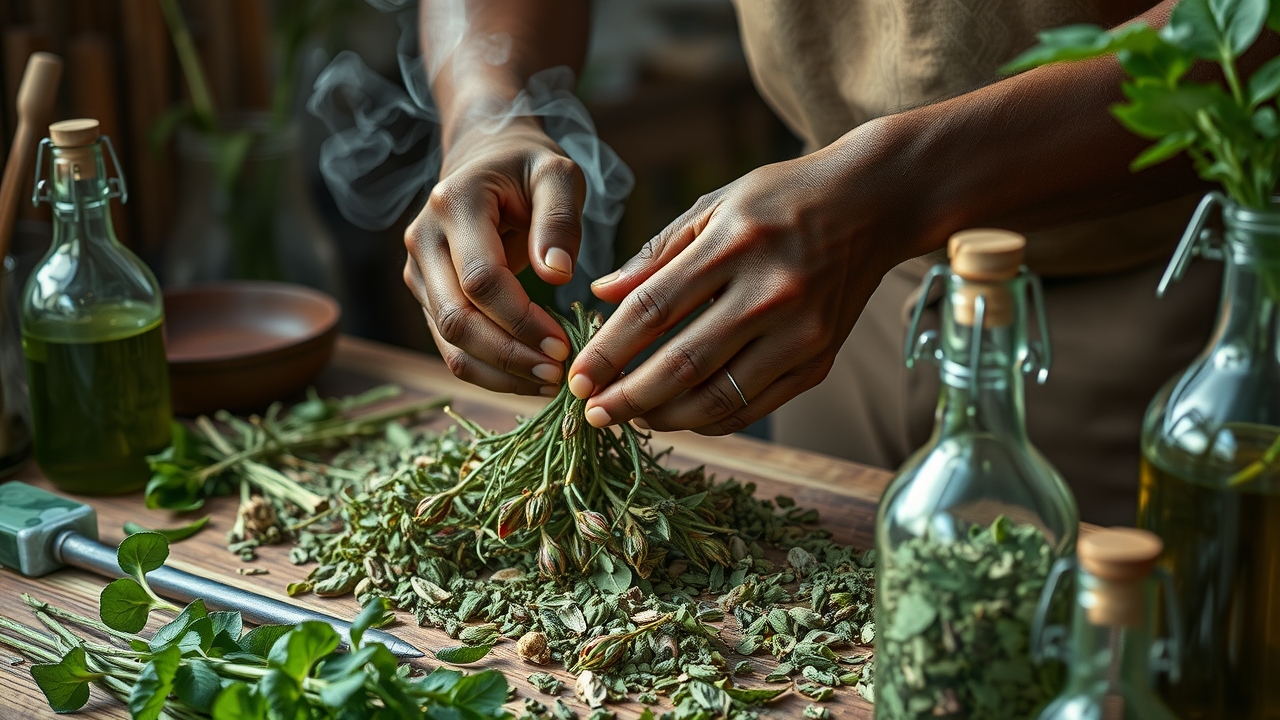 Hands preparing fresh plant materials for steam distillation process on wooden worktable
