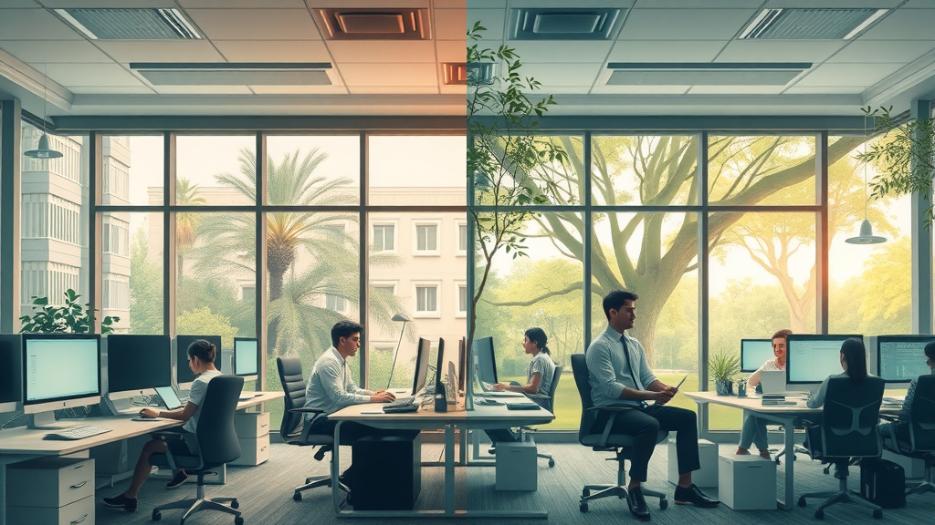 Busy office versus serene natural environment contrasting linear productivity with natural rhythms