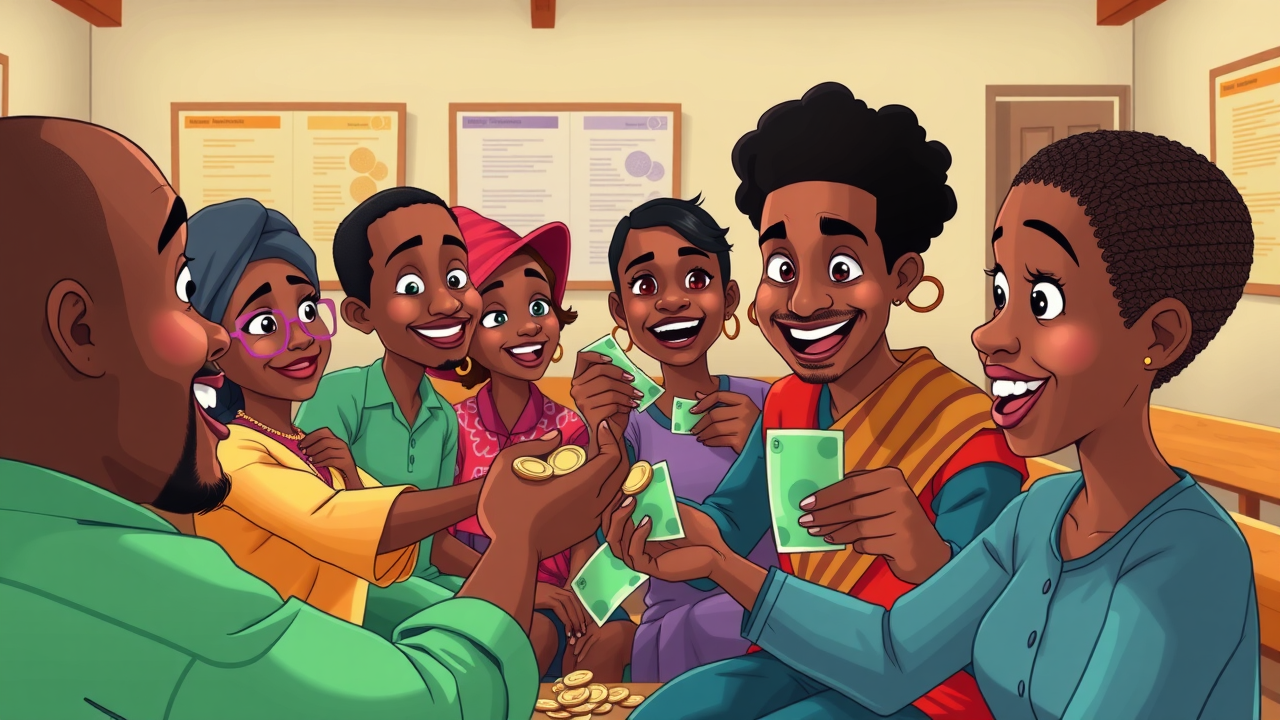 Financial freedom for women and children - animated savings group exchanging money