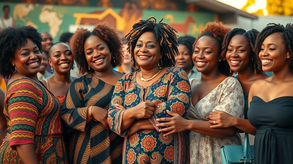 african diaspora women celebrating and supporting each other by an African-patterned mural