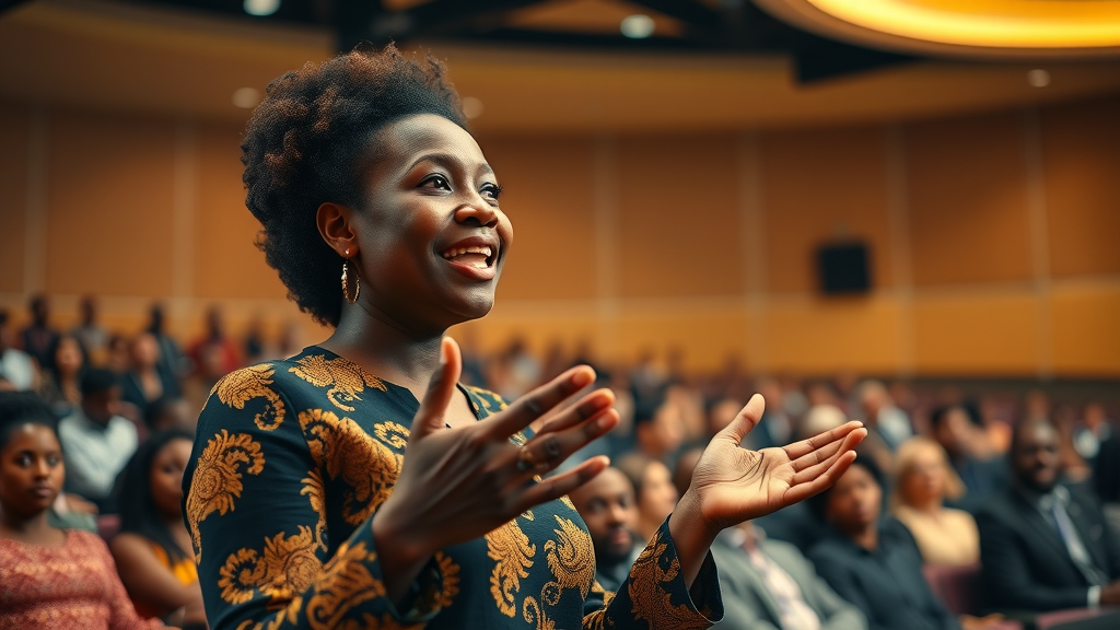 Empowered African venture capitalist woman speaking at a conference, animated gestures, female-led vc funds africa