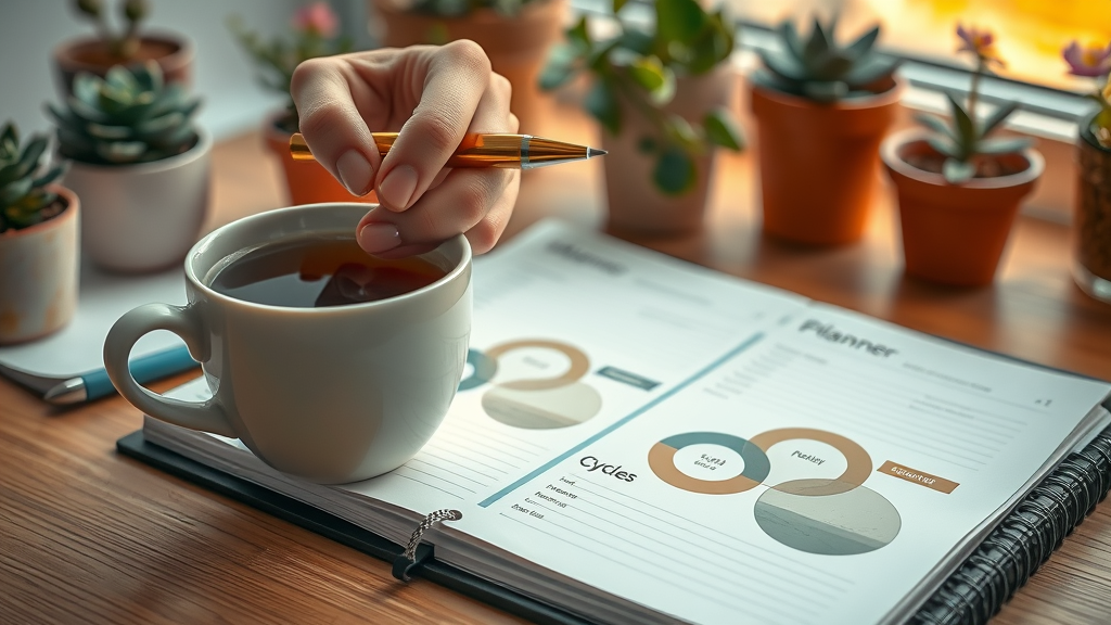 Close-up of cyclical planner and herbal tea with rest periods mapped out for balanced productivity