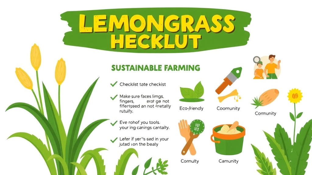 Cartoon infographic showing checklist of sustainable farming practices including lemongrass and community training