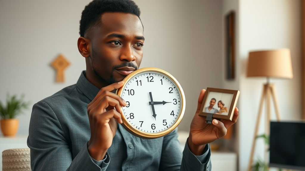 African entrepreneur balancing clock and family photo in a modern office reflecting communal values and time boundaries