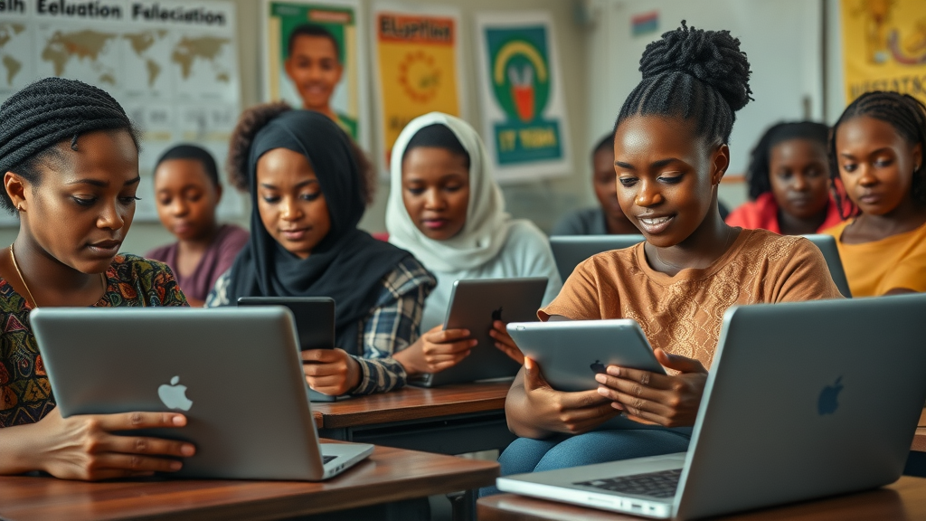 African women of different ages learning digital skills, closing gender gap in tech