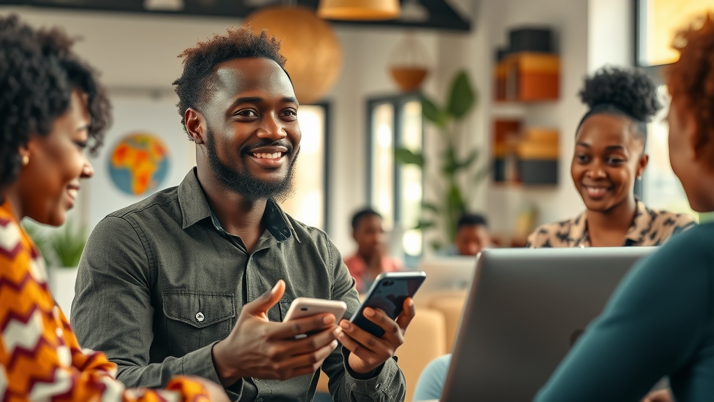 Inspirational African digital entrepreneur engaging with community in a vibrant co-working space, blending technology and conversation, balancing digital entrepreneurship with the African value of human connection