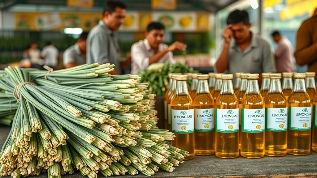 Comparison of piles of raw lemongrass and bottles of lemongrass essential oil in market