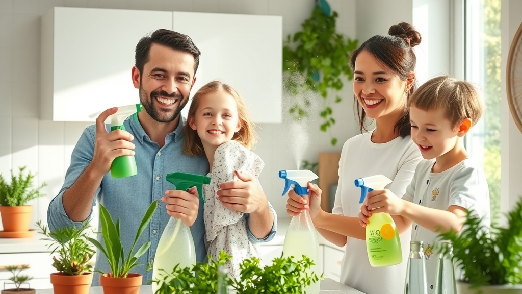 Family joyfully using herbal cleaning sprays as natural wellness products in modern kitchen