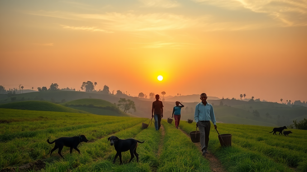 Sustainable farming practices in inviting Ugandan farm landscape at sunrise with farmers beginning their day