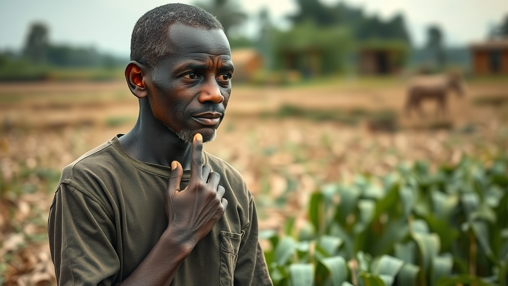 Thoughtful Ugandan farmer reflecting beside harvested crops amidst sustainable farming practices