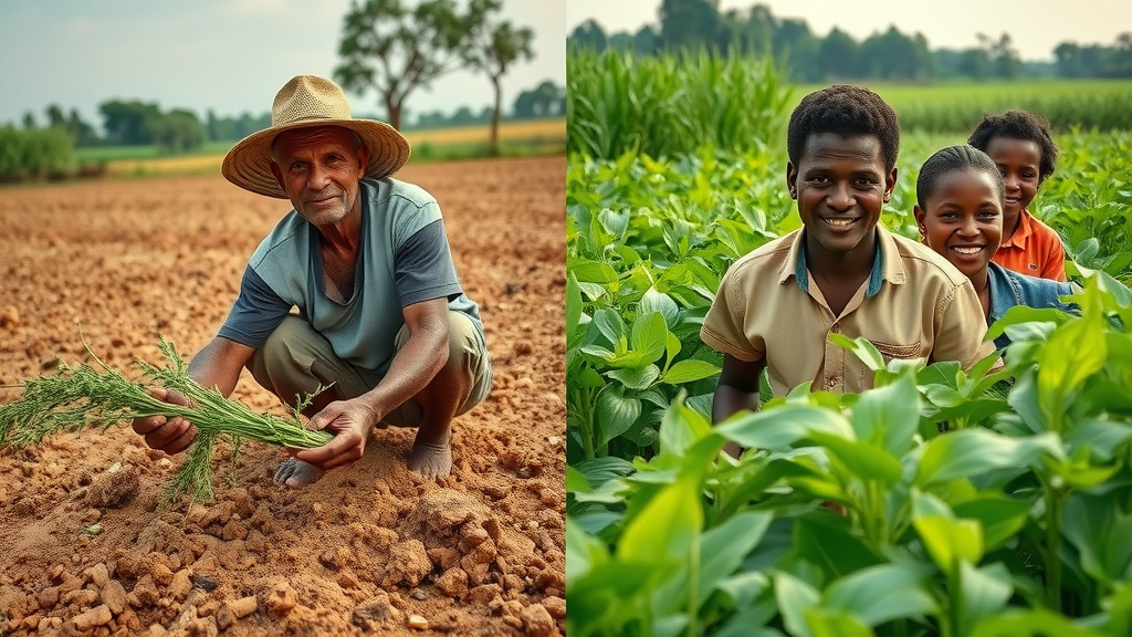 Comparison between traditional farming and sustainable farming practices showing environmental and community benefits