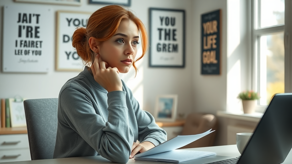 thoughtful young woman considering life goals achieving personal goals