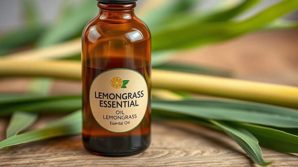 Amber glass bottle of lemongrass essential oil on natural wooden surface