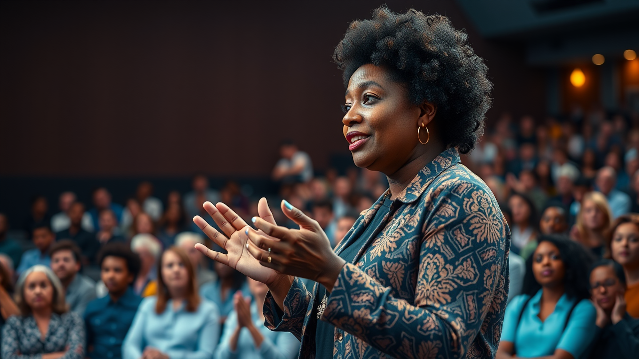 Dynamic female entrepreneur inspiring audience with sustainable success systems for women