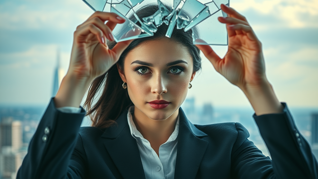 Professional woman breaking through the glass ceiling, symbolizing exclusive women in business mindset insights