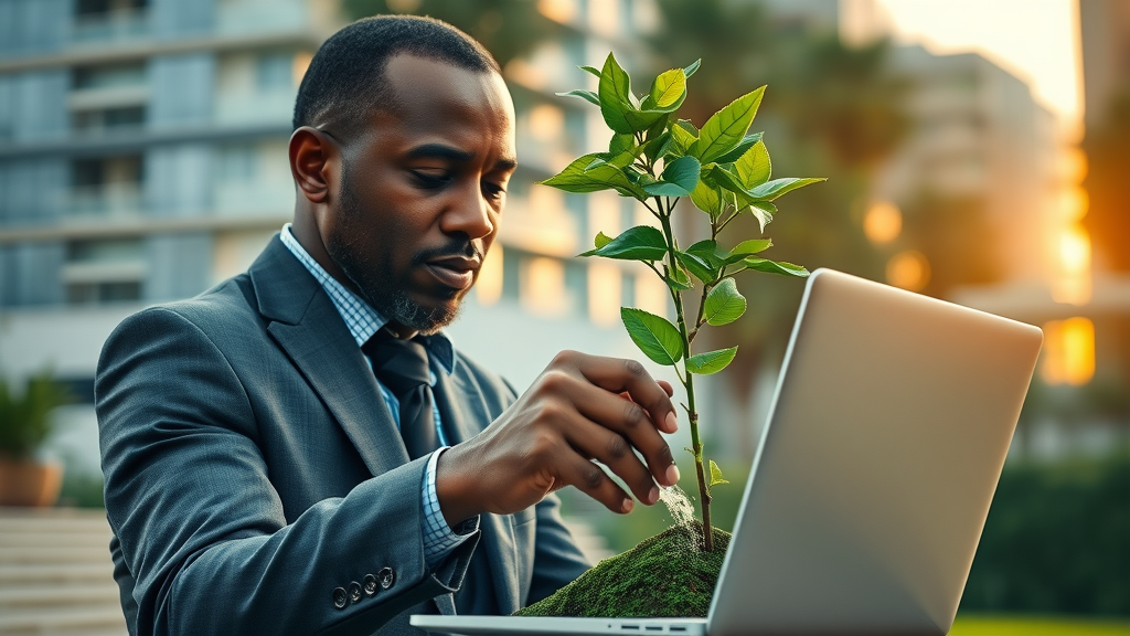 Visionary African businessman in urban setting, watering a tree growing from a laptop—metaphor for sustainable digital entrepreneurship with community roots