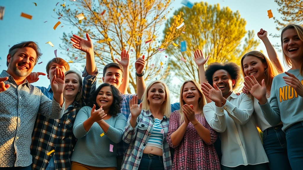 Diverse group celebrating financial literacy empowerment achievements outdoors