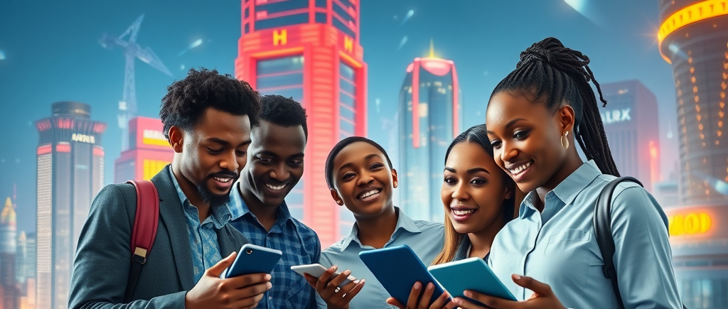 motivated group of young African professionals collaborating on digital devices, digital transformation for African entrepreneurs in a vibrant futuristic city