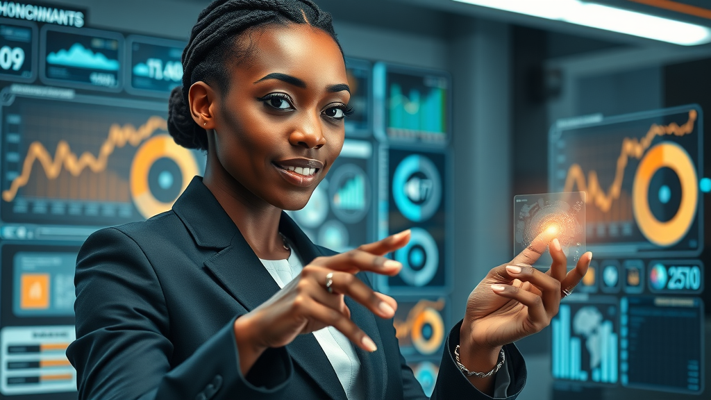 African woman business leader interacting with virtual holographic data, future of technology adoption in African women-led businesses