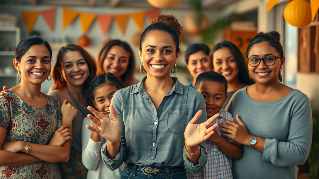 Inspirational businesswoman supporting women and children in cooperative setting