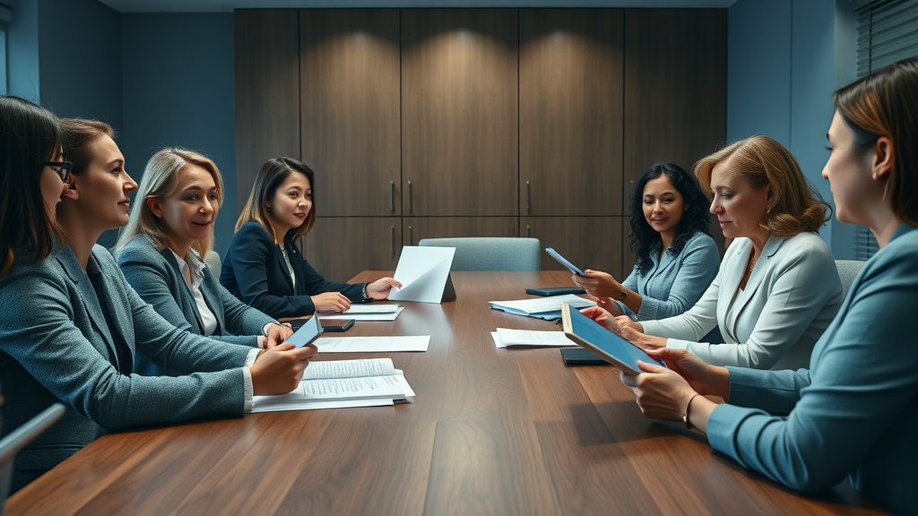 Dynamic meeting with female board members reviewing strategies, inspired by corporate board practices