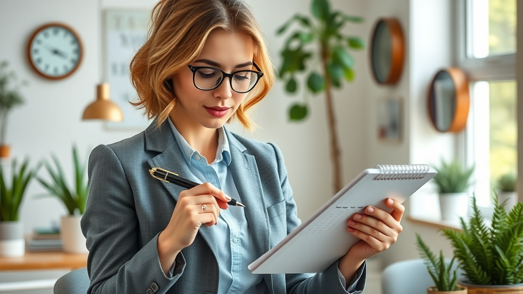 organized female business leader managing schedules using sustainable practices
