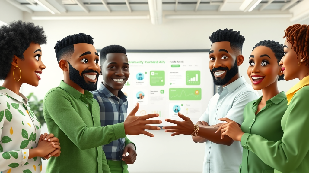 Collaborative African tech team brainstorming a community-centered app on whiteboard, integrating Ubuntu values into digital innovation