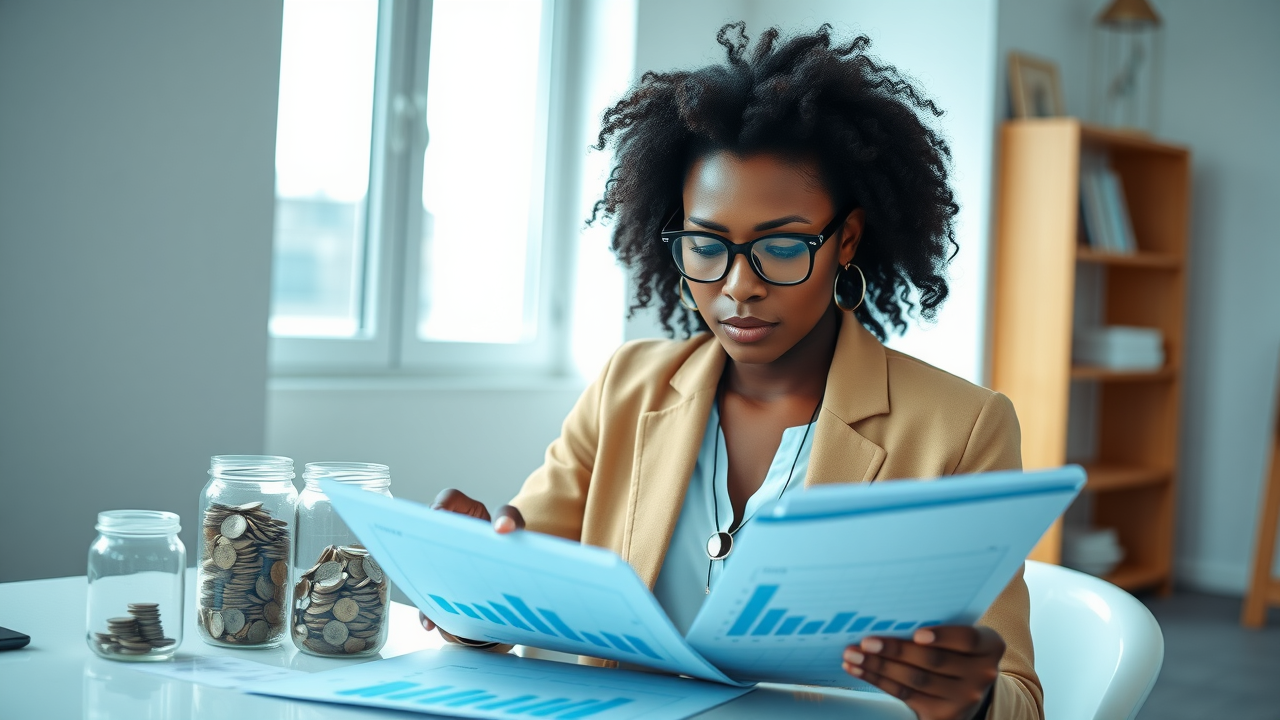 Entrepreneur using money systems small business strategy analyzing budget charts and savings jars