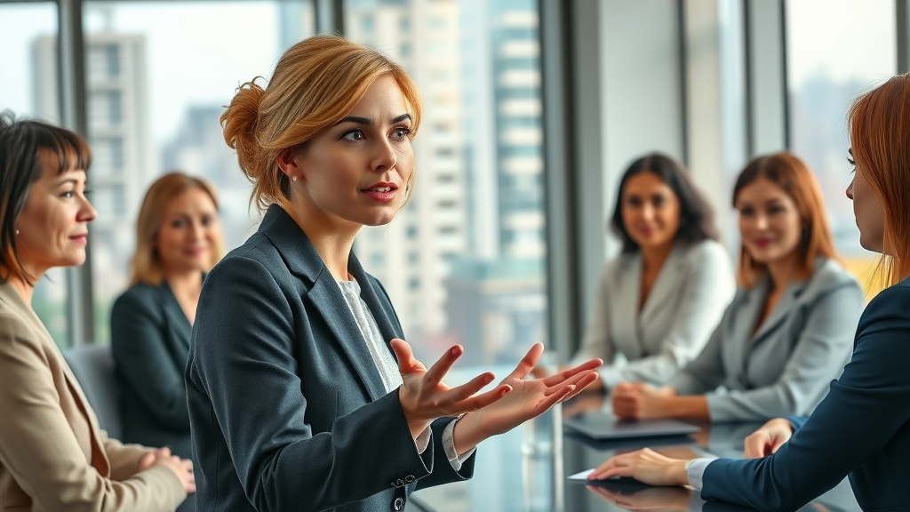 Confident female business leader addressing her personal board of directors for women in a modern office