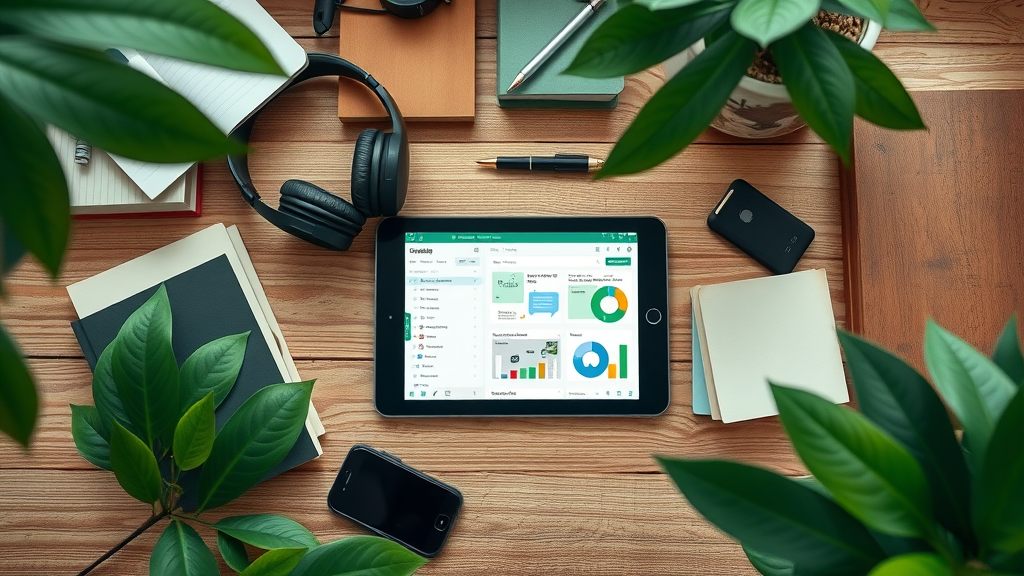 Workspace with eco-themed resources and digital tools supporting cyclical and sustainable productivity