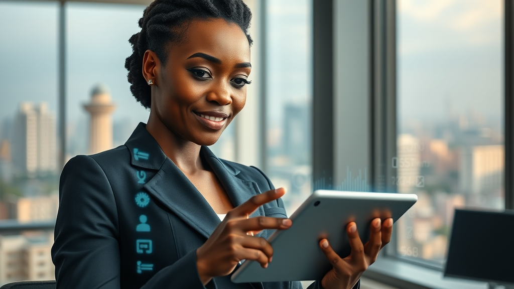 Empowered African businesswoman utilizing AI in a modern office in Nairobi, city skyline visible