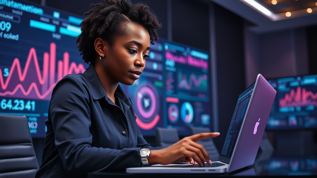 Innovative African female entrepreneur analyzing an AI-powered dashboard on her laptop, in a corporate boardroom with glowing high-tech displays.