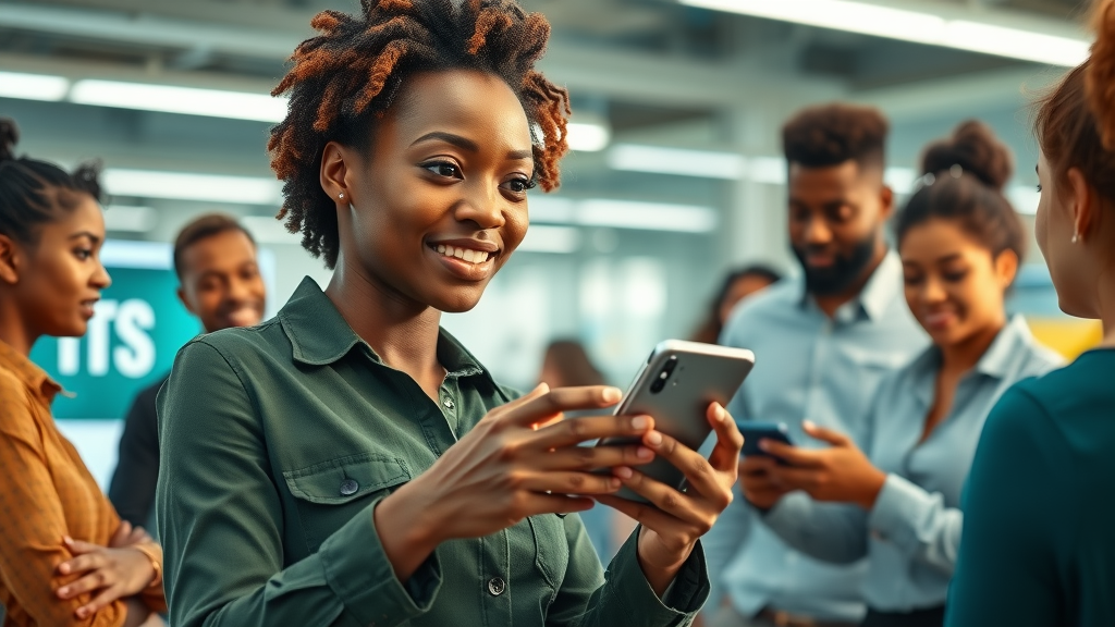 Aspiring African woman tech founder demonstrating a prototype mobile app to a diverse group in a vibrant, modern workspace.