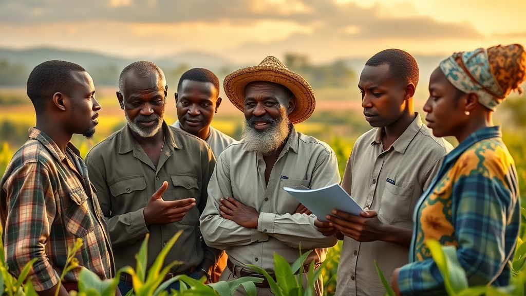 Inspiring African farmers discussing agricultural plans in vibrant countryside
