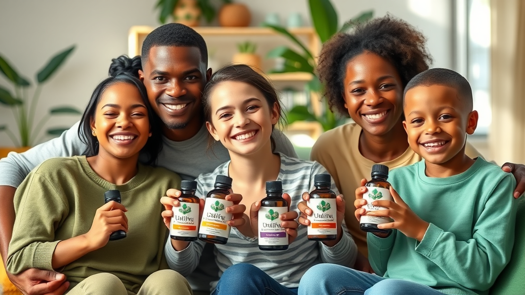Diverse happy family displaying Utulivu Naturals essential oil bottles in sustainable living room
