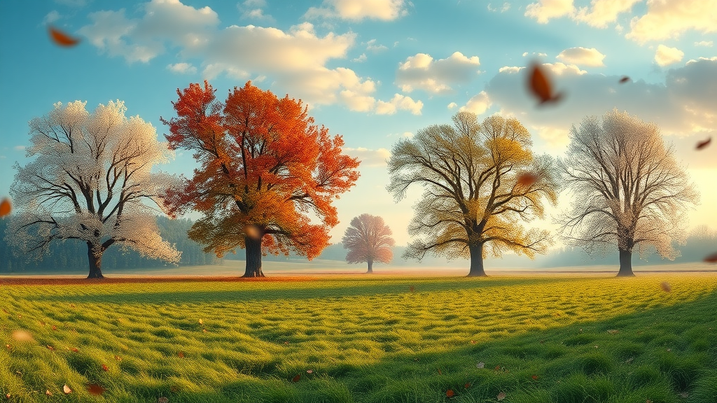 Serene landscape showing the four seasons as a metaphor for natural productivity rhythms