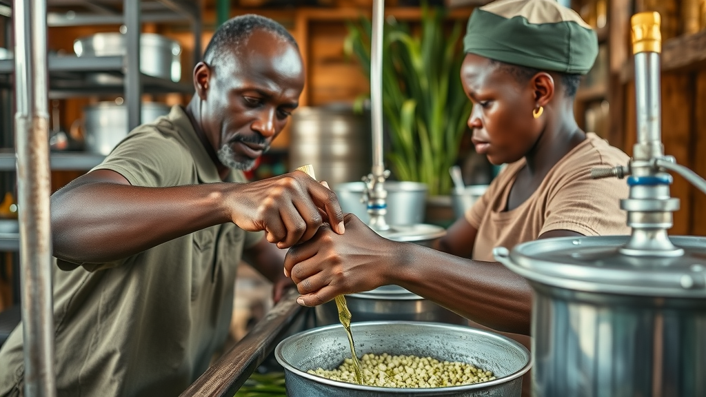 Farmers demonstrating sustainable agribusiness innovation while processing lemongrass oil