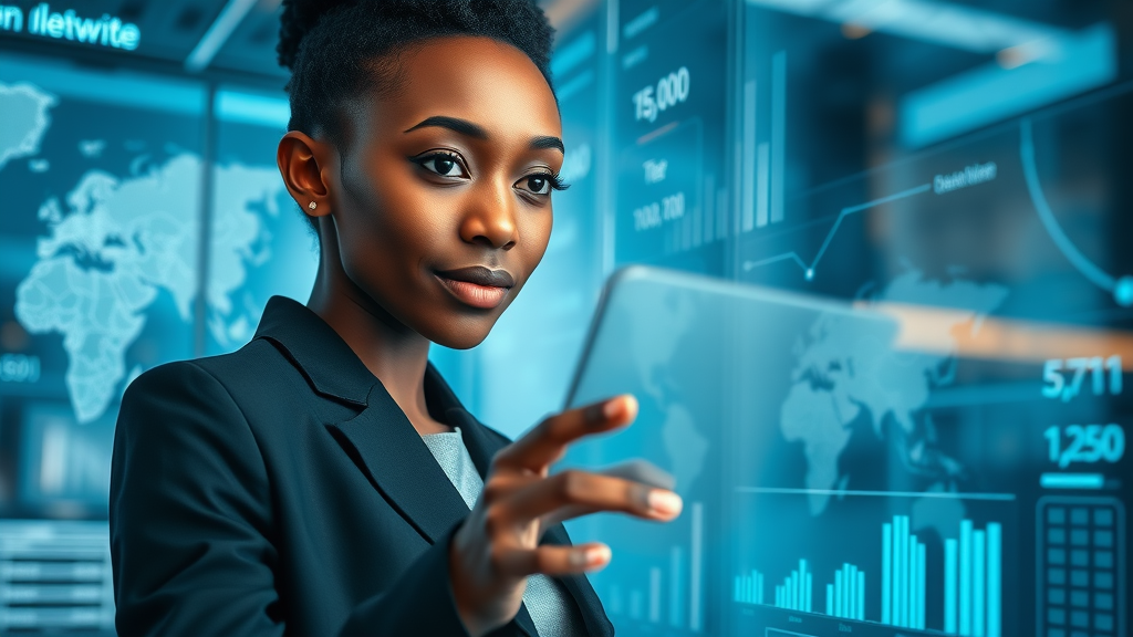 African woman tech leader analyzing AI data in a modern tech hub