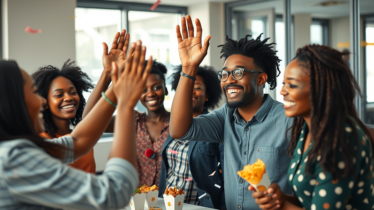 diverse group celebrating achieving personal goals together