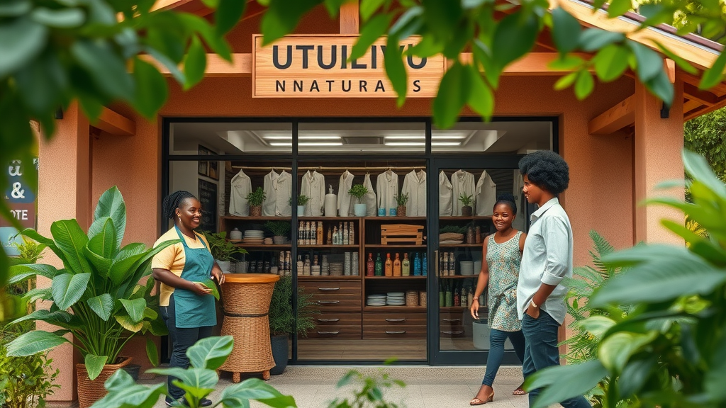 Serene shopfront of Utulivu Naturals in Uganda with welcoming staff demonstrating value addition in agriculture