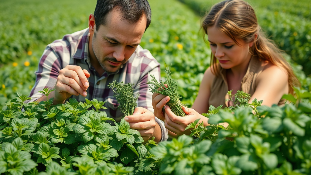 Responsible farmers collaboratively selecting fresh herbs by hand on lush green farm