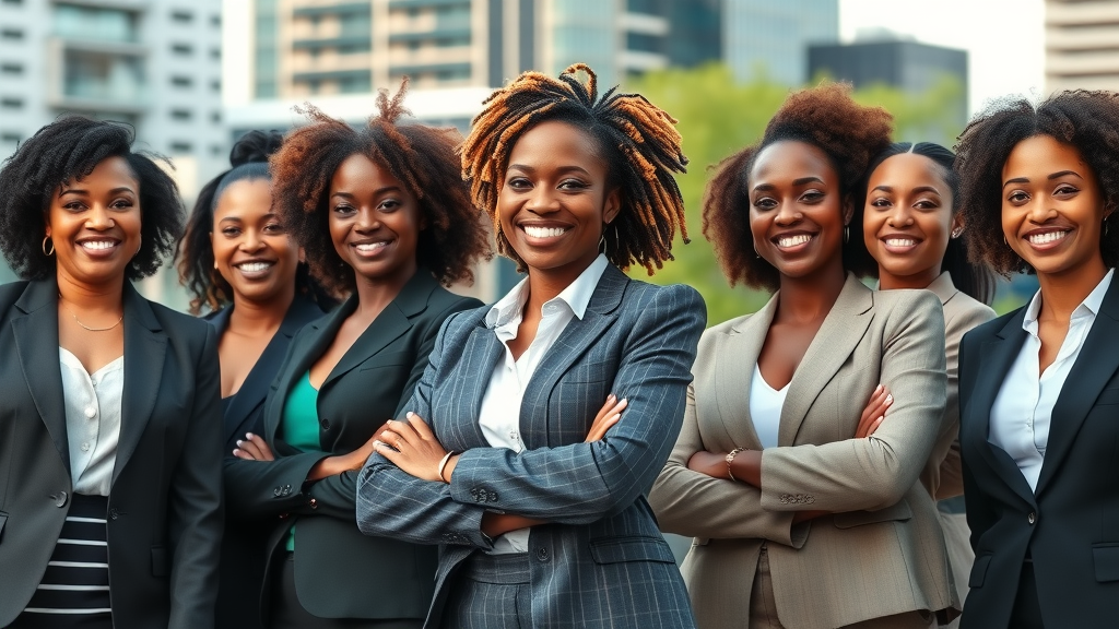 the time factor for women leadership in africa - Group portrait of confident African women leaders in business attire in a modern cityscape