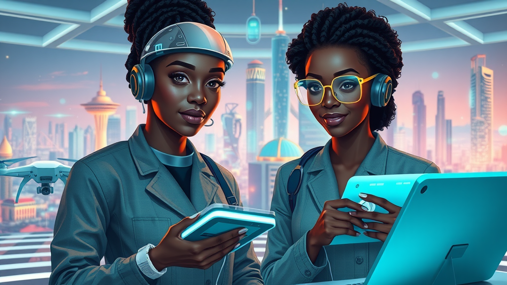 Futuristic African tech hub with young women entrepreneurs using AI-powered devices, vibrant innovation
