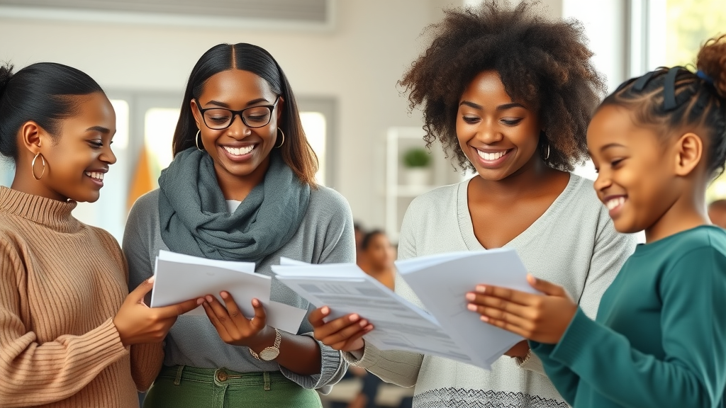 Empowered diverse women and children engaging in budgeting activities